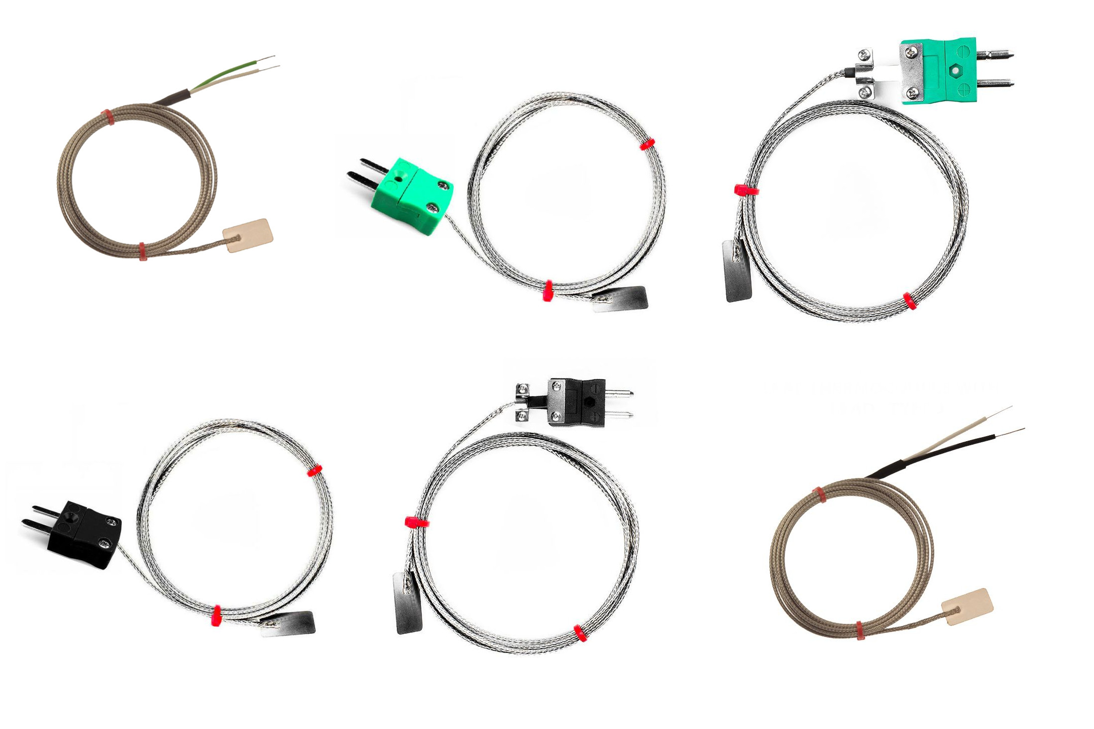 IEC Leaf Thermocouple, Glassfibre insulated Cable with Stainless Steel Over-Braid Terminating in Bare tails, Miniature or Standard Plug