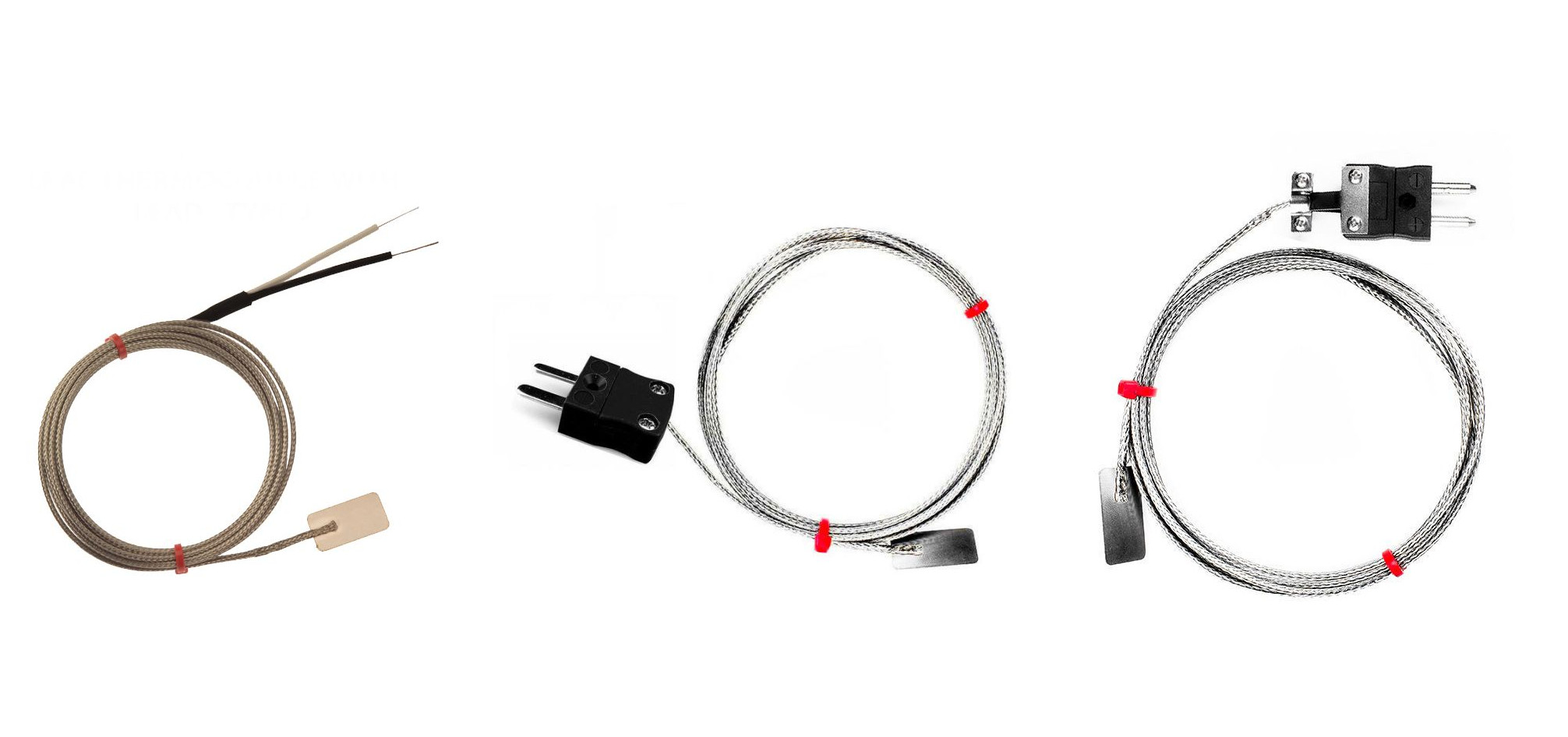 IEC Leaf Thermocouple, Glassfibre insulated Cable with Stainless Steel Over-Braid Terminating in Bare tails, Miniature or Standard Plug - Type J