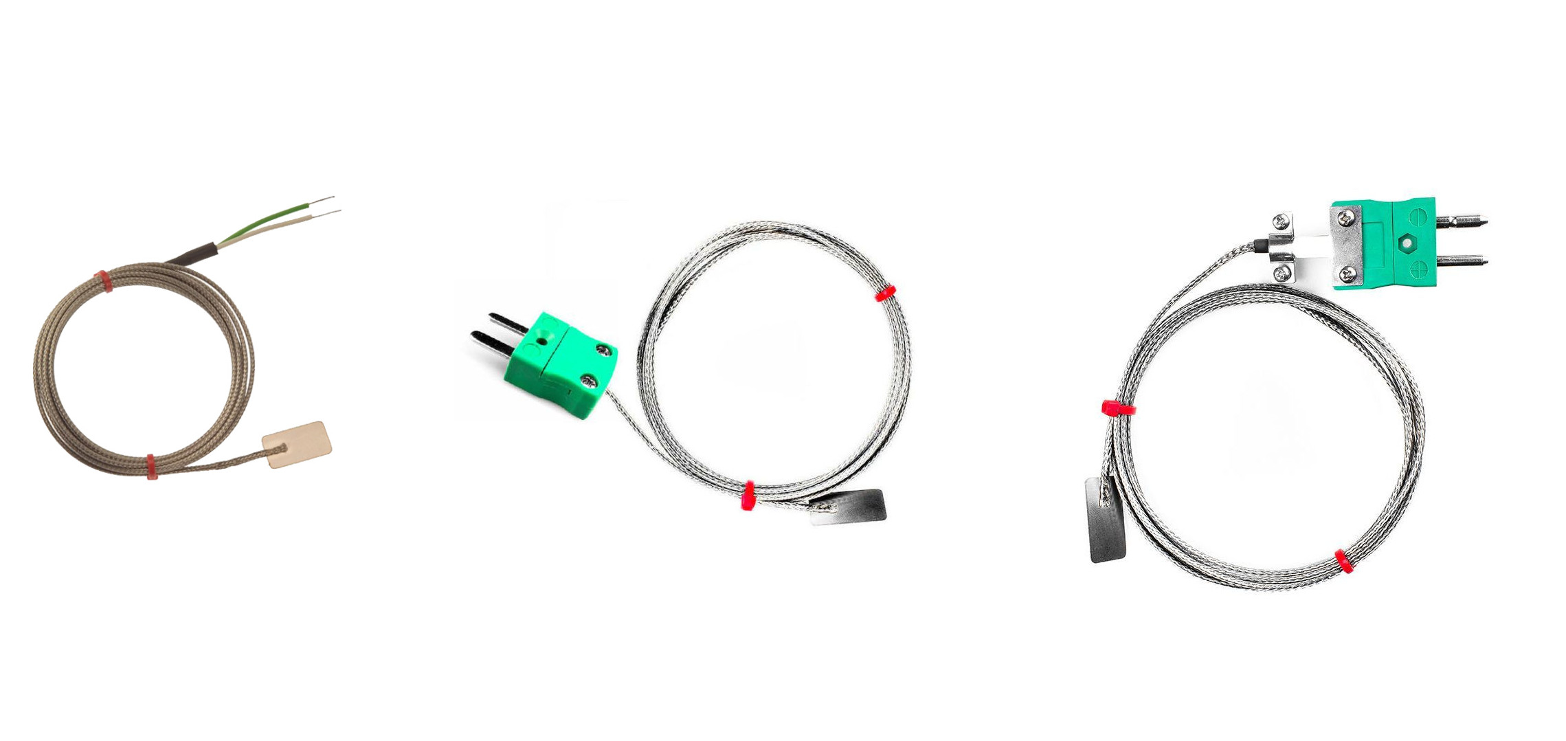 IEC Leaf Thermocouple, Glassfibre insulated Cable with Stainless Steel Over-Braid Terminating in Bare tails, Miniature or Standard Plug - Type K