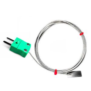 IEC Type K & J Leaf Thermocouple, Glassfibre insulated Cable with Stainless Steel Over-Braid Terminating in Bare tails, Miniature or Standard Plug