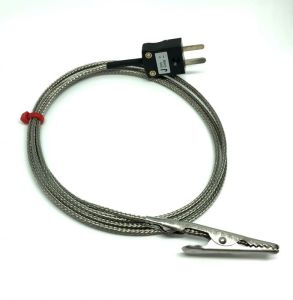 IEC Crocodile Clip Thermocouple with Glassfibre Stainless Steel Overbraided Cable - Type J - 3M