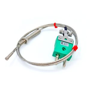 IEC Nozzle Thermocouple, Glassfibre insulated Cable with Stainless Steel Over-Braid - Type K - Standard Plug Termination - 2M